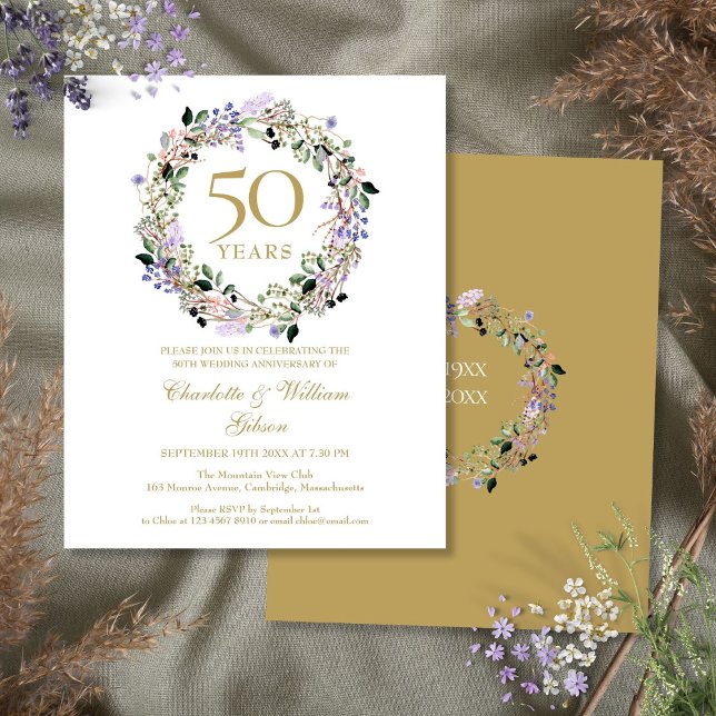 Lámina Invitación de Bodas de Oro con Flores para Presupu (Budget Floral 50th Wedding Anniversary Invitation)