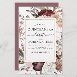 Lámina Invitación de Boho Borgoña Quinceañera