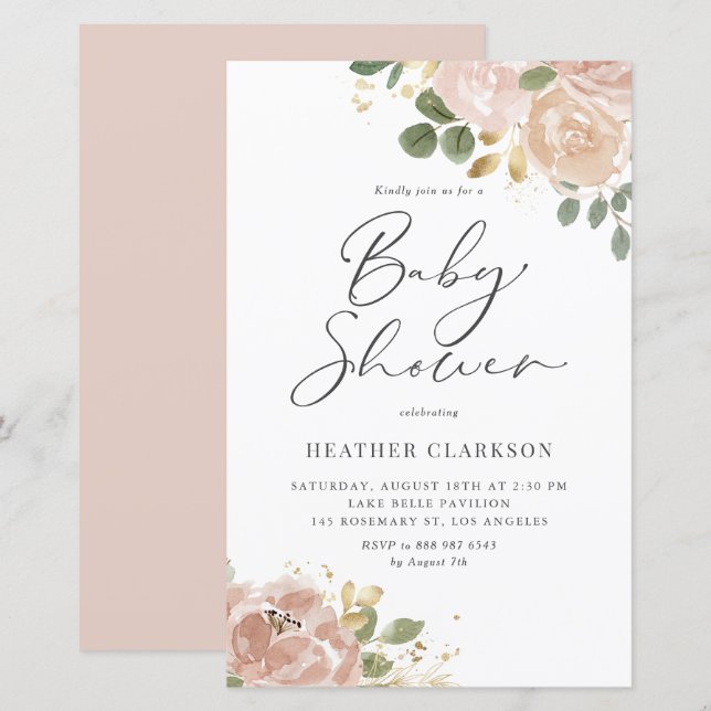 Lámina Invitación de Boho Mauve Peach Floral a Baby Showe (Anverso / Reverso)