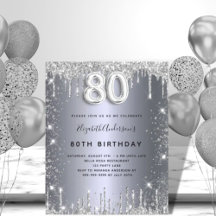 Invitación de brillo plateado para cumpleaños 80 e