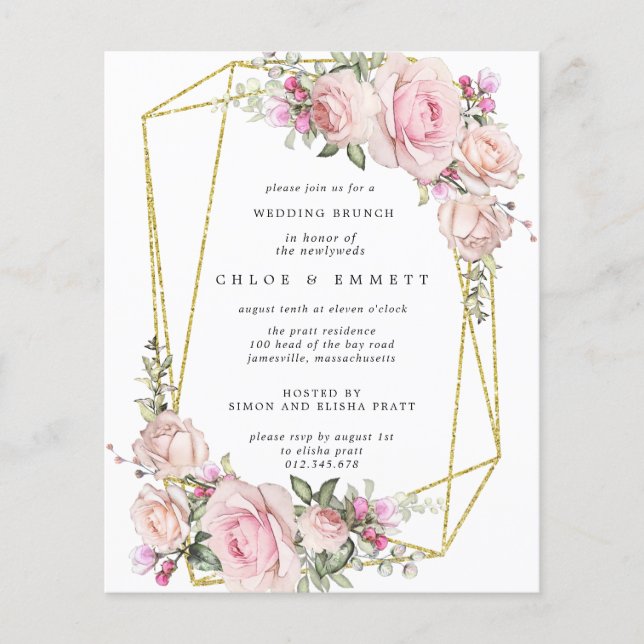 Lámina Invitación de brunch Boda floral rosa rosa de pres (Anverso)