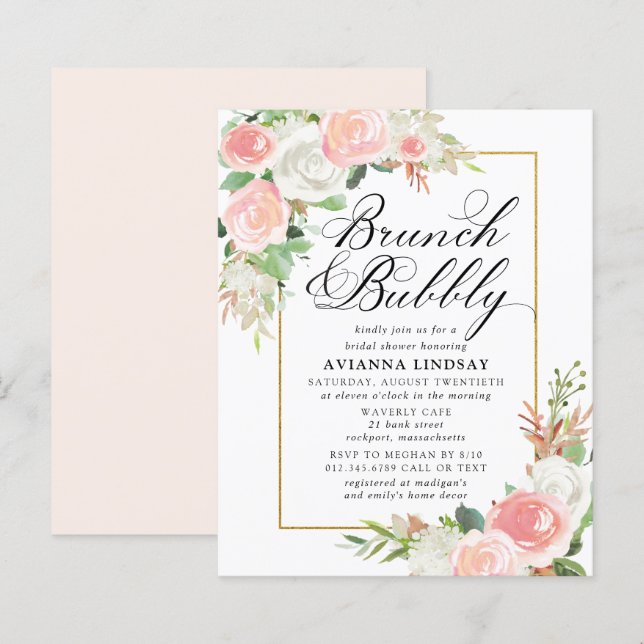 Lámina Invitación de brunch bubbly blanco rosado de presu (Anverso / Reverso)