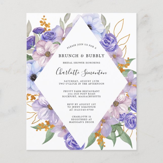 Lámina Invitación de brunch bubbly floral púrpura (Anverso)