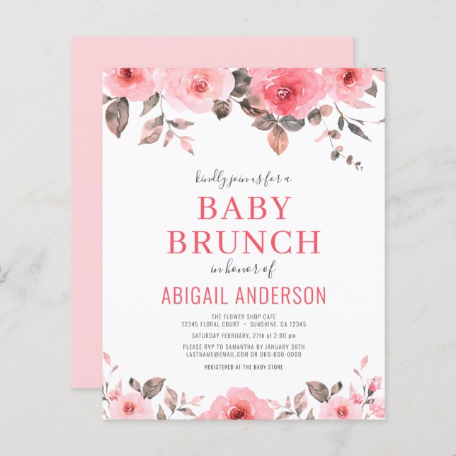 Lámina Invitación de brunch con flores rosadas y turbias  (Anverso / Reverso)
