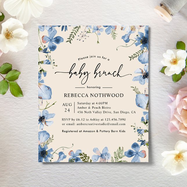 Lámina Invitación de brunch de bebé Dusky Blue Flora de p (Subido por el creador)