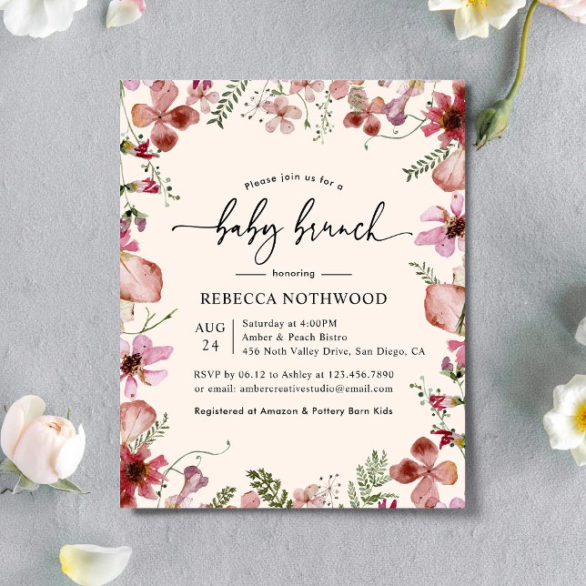 Lámina Invitación de brunch de bebé floral rosa delgado p (Subido por el creador)