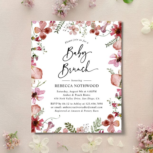 Lámina Invitación de brunch de bebé floral rosa delgado p (Subido por el creador)
