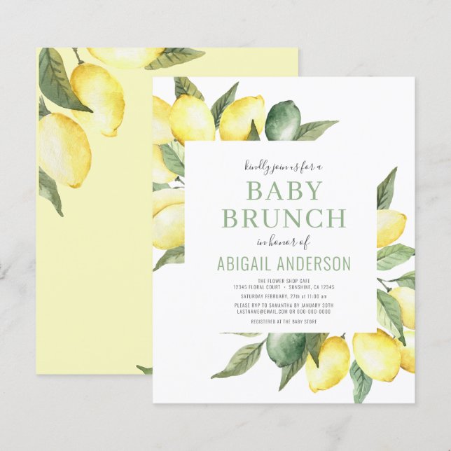 Lámina Invitación de Brunch de Bebé Moderno con cítricos  (Anverso / Reverso)