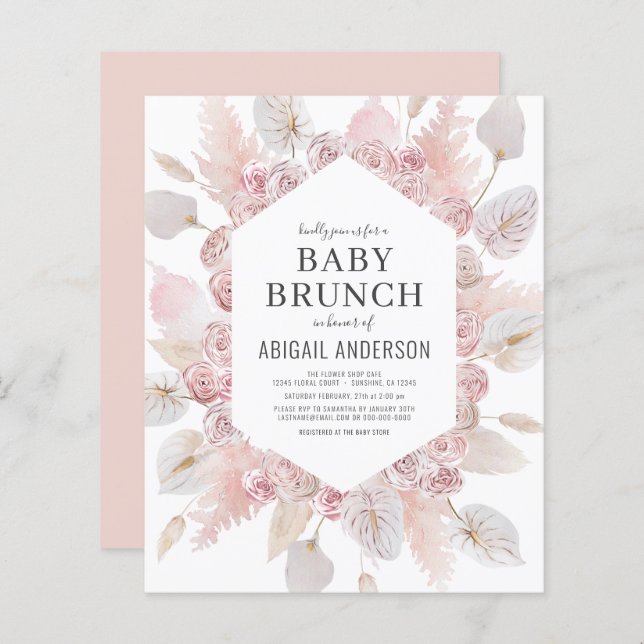 Lámina Invitación de brunch de bebé rosado de Rubor Boho  (Anverso / Reverso)