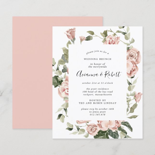 Lámina Invitación de brunch del Boda de Post Floral Rosad (Anverso / Reverso)