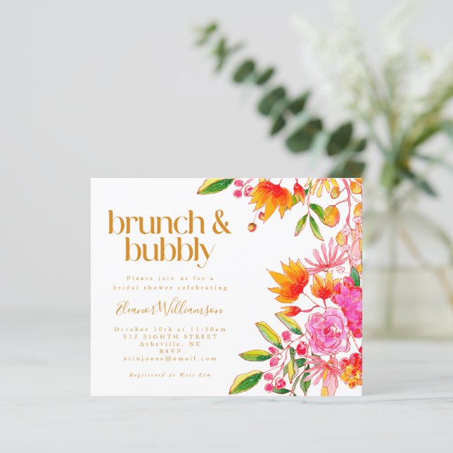 Lámina Invitación de Brunch Espumoso con Flores Rosadas y (Anverso de pie)