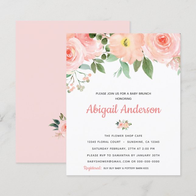Lámina Invitación de brunch para bebé con flores rosadas  (Anverso / Reverso)