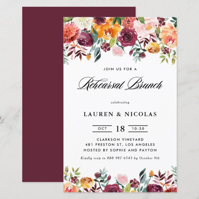 Lámina Invitación de brunch para ensayo de Garland en flo (Anverso / Reverso)