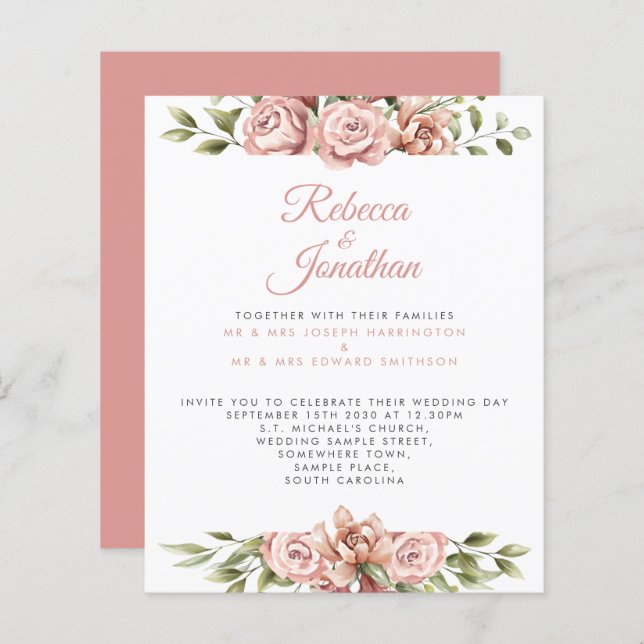 Lámina Invitación de casamiento de papel floral rosa Rubo (Anverso / Reverso)
