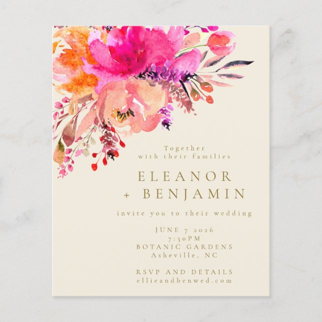 Lámina Invitación de casamiento floral de color de agua r (Anverso)