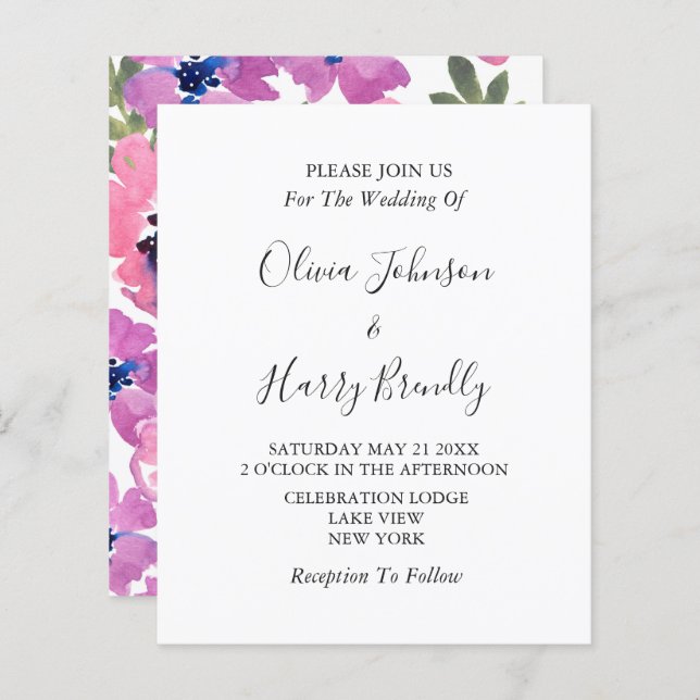 Lámina Invitación de casamiento floral de Moda de presupu (Anverso / Reverso)
