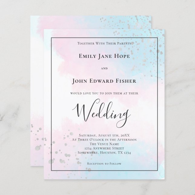 Lámina Invitación de casamiento plateado color de agua Ve (Anverso / Reverso)