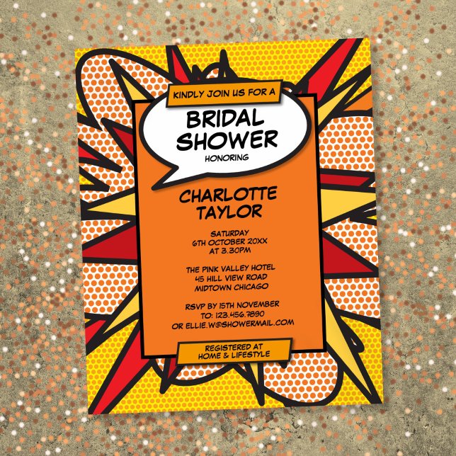 Lámina Invitación de cómic para despedida de soltera con  (Budget Fun Bridal Shower Comic Book Invitation)
