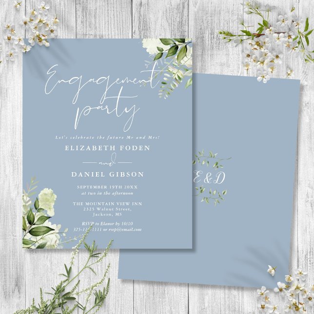 Lámina Invitación de compromiso de flores azules polvorie (Budget Floral Dusty Blue Engagement Party Invite)