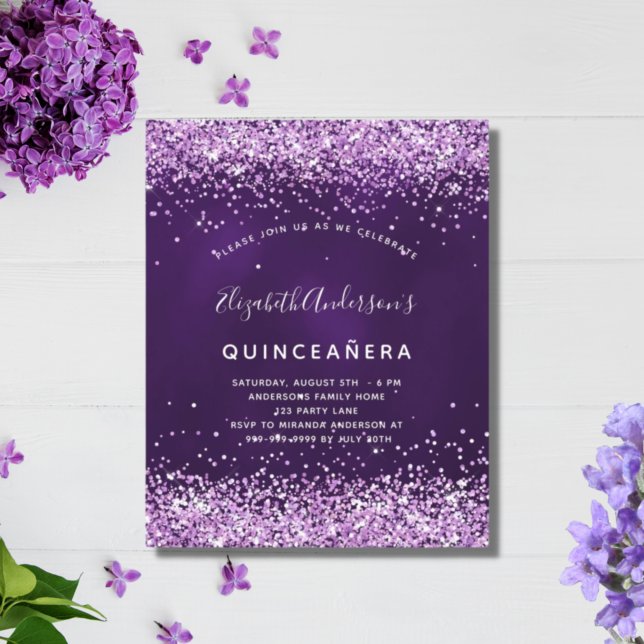 Lámina Invitación de confeti rosa púrpura de Quinceanera (Subido por el creador)