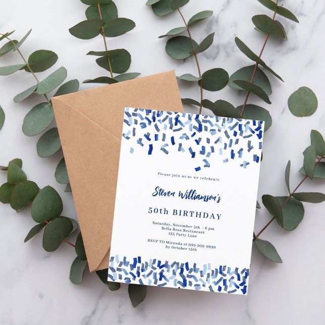 Lámina Invitación de confetti blanco azul marino de cumpl (Subido por el creador)