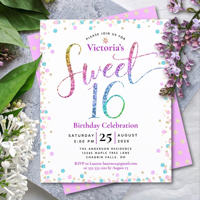 Lámina Invitación de Confetti Purpurina arcoiris 16 Sweet (Subido por el creador)
