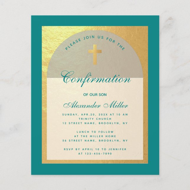 Lámina Invitación de Confirmación Arco Teal Dorado Falso (Anverso)