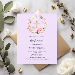 Lámina Invitación de confirmación cruz florales lavanda