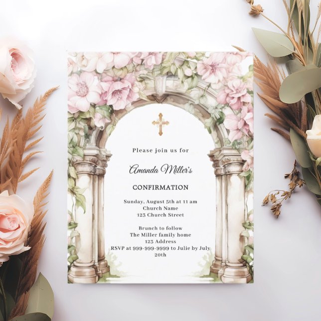 Lámina Invitación de Confirmación de niña con flores rosa (Subido por el creador)