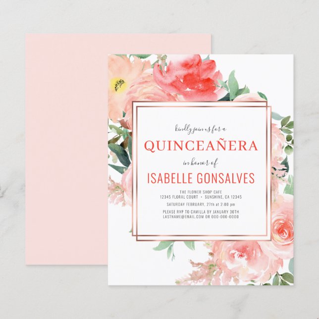 Lámina Invitación de coral de cumpleaños QUINCEAÑERA (Anverso / Reverso)