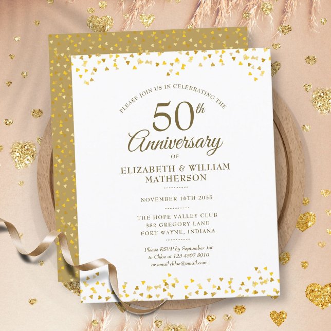 Lámina Invitación de Corazones Dorados del 50 Aniversario (Budget 50th Anniversary Gold Hearts Invitation)