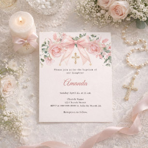 Lámina Invitación de Cruz de Florales Marfil con Lazo Ros