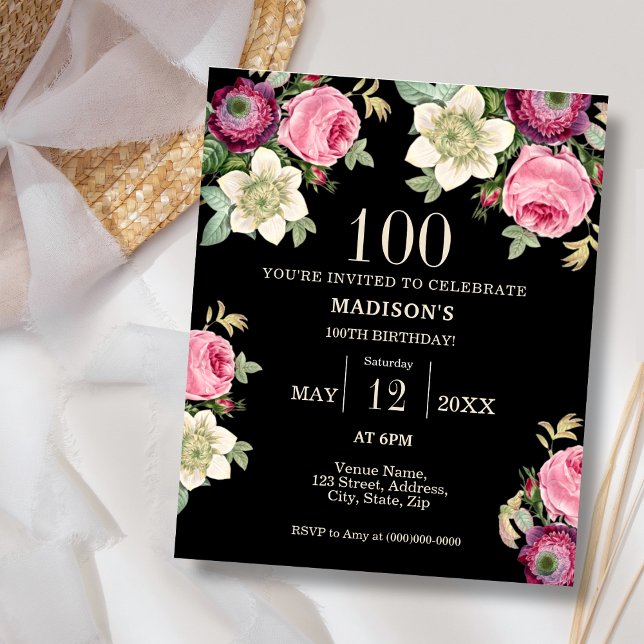 Lámina Invitación de cumpleaños 100 a Black Floral (Subido por el creador)
