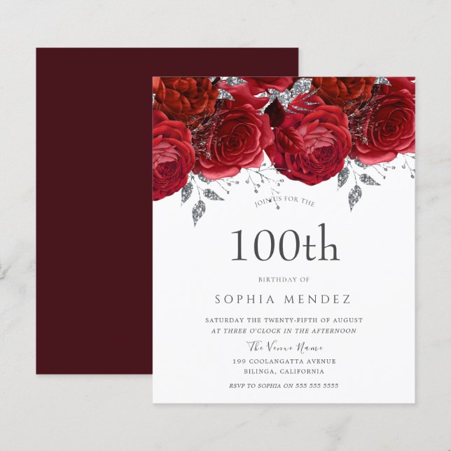 Lámina Invitación de cumpleaños 100 a la rosa roja románt (Anverso / Reverso)