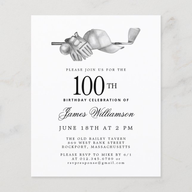 Lámina Invitación de cumpleaños 100 al Golf Blanco Negro  (Anverso)