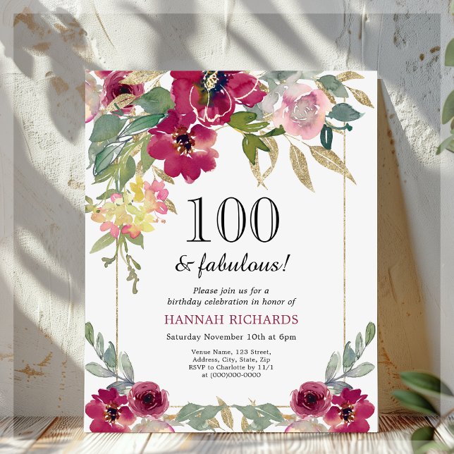 Lámina Invitación de cumpleaños 100 de Burgundy Pink Flor (Subido por el creador)