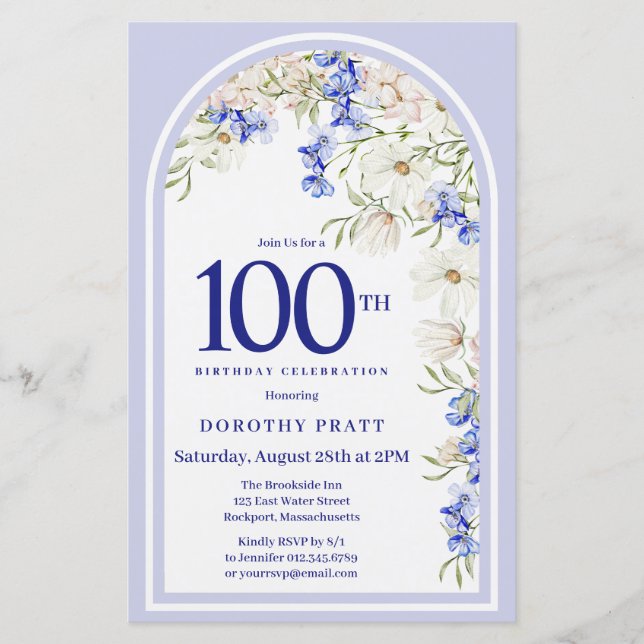 Lámina Invitación de cumpleaños 100 de la Floral azul bla (Anverso)