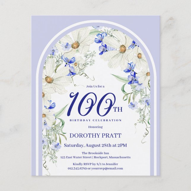 Lámina Invitación de cumpleaños 100 de la Floral azul bla (Anverso)