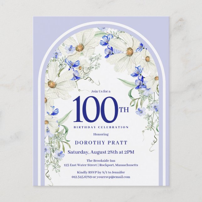 Lámina Invitación de cumpleaños 100 de la Floral azul bla (Anverso)