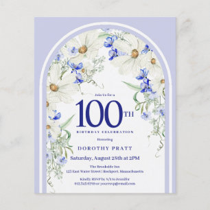 Lámina Invitación de cumpleaños 100 de la Floral azul bla