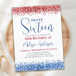 Lámina Invitación de cumpleaños 16 a Purpurina azul rojo<br><div class="desc">Celebra tu día especial con nuestras invitaciones patrióticas dulces de 16 cumpleaños. Nuestro diseño moderno y elegante presenta una moda, un toque de niñez con acentos purpurinas y una combinación de colores rojo, blanco y azul. ¡Muestra tu orgullo militar con un tema de la bandera estadounidense que es perfecto para...</div>