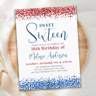 Lámina Invitación de cumpleaños 16 a Purpurina azul rojo 