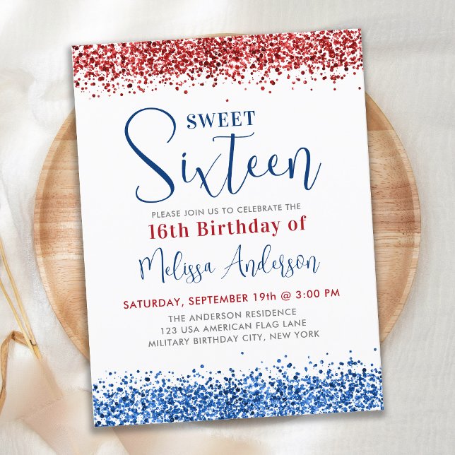 Lámina Invitación de cumpleaños 16 a Purpurina azul rojo  (Subido por el creador)