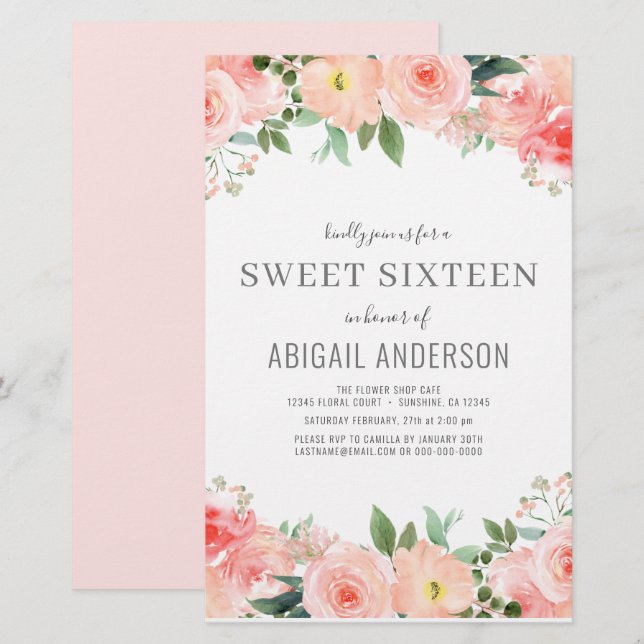 Lámina Invitación de cumpleaños 16 Budget Floral Girly Sw (Anverso / Reverso)