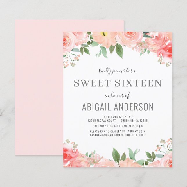 Lámina Invitación de cumpleaños 16 Budget Floral Girly Sw (Anverso / Reverso)