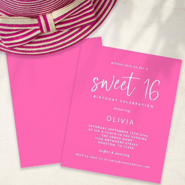 Lámina Invitación de cumpleaños 16 Budget Modern Hot Pink (Subido por el creador)