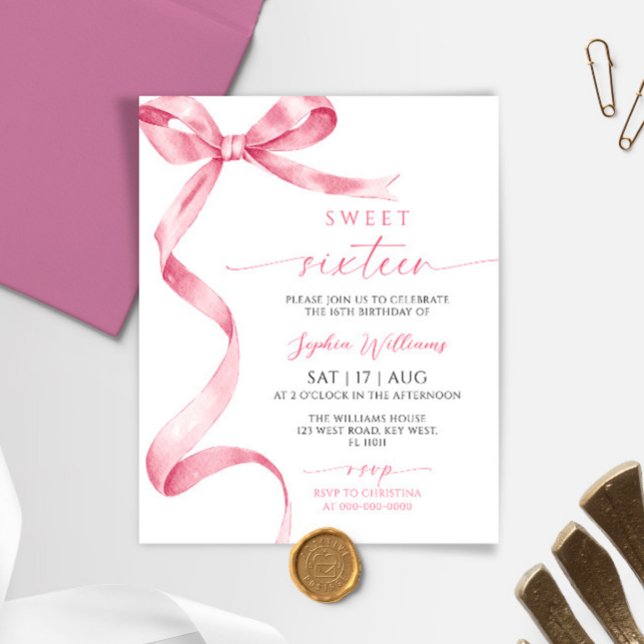 Lámina Invitación de cumpleaños 16 Budget Pink Bow Sweet (Subido por el creador)