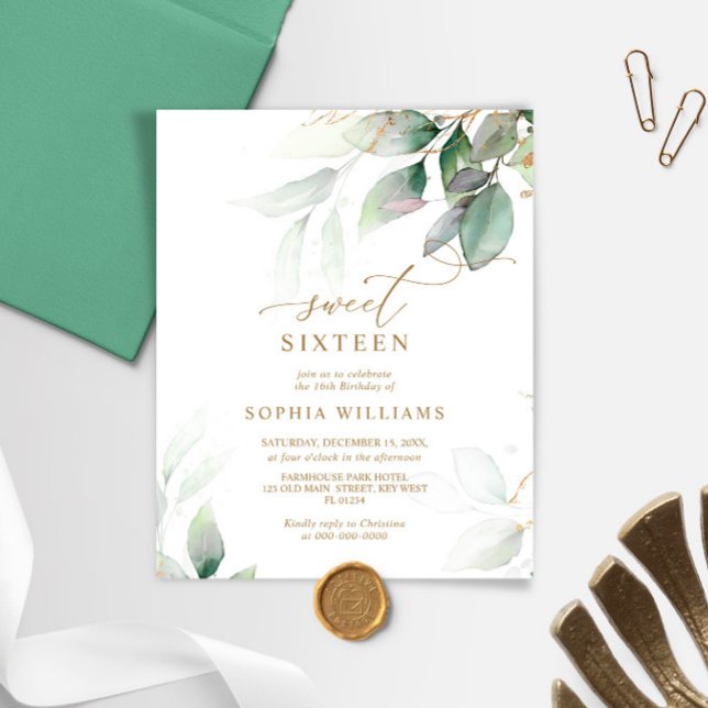 Lámina Invitación de cumpleaños 16 Gold y Eucalyptus Swee (Subido por el creador)