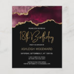 Lámina Invitación de cumpleaños 18 de Budget Burgundy Aga<br><div class="desc">Esta moderna invitación a los 18 años presenta una acuarela de agate gede tonos burdeos con detalles de oro falsos. Las palabras "18º cumpleaños" aparecen en un falso purpurina de oro en letra decorativa moderna de escritura a mano. Personalizar con el nombre del honorario en texto de color dorado y...</div>