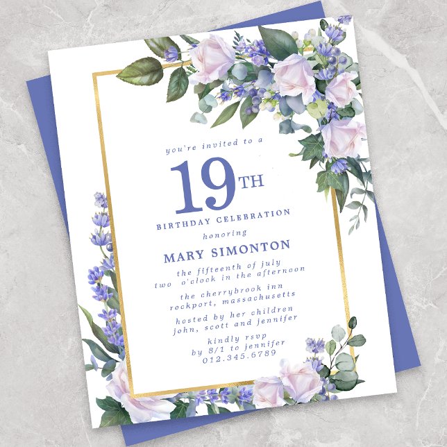 Lámina Invitación de cumpleaños 19 de Budget Blue Floral (Subido por el creador)